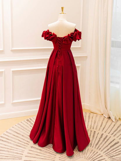 A-Line Off Shoulder Satin Burgundy Long Evening Dress Burgundy Evening Dresses