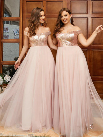 A-line sequin sexy and elegant off shoulder Maxi sheer formal evening dress