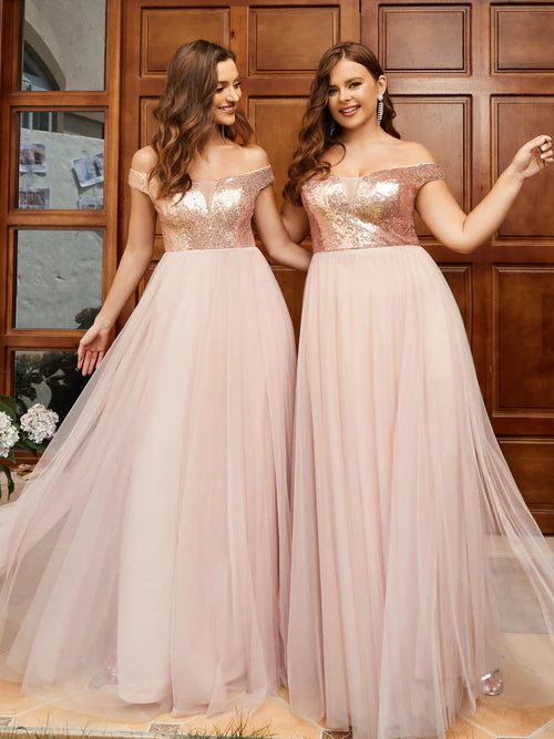 A-line sequin sexy and elegant off shoulder Maxi sheer formal evening dress