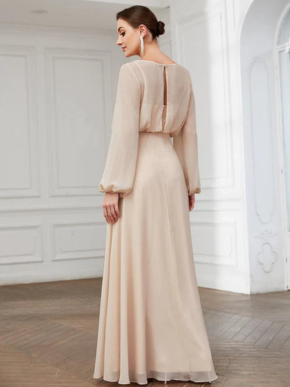 Dream Elegant Long sleeved Chiffon A-line Formal Evening Dress