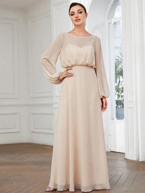 Dream Elegant Long sleeved Chiffon A-line Formal Evening Dress