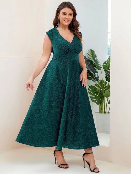 Plus size slim fit pleated A-line hat sleeve V-neck evening dress
