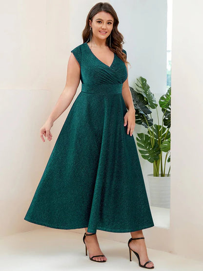 Plus size slim fit pleated A-line hat sleeve V-neck evening dress