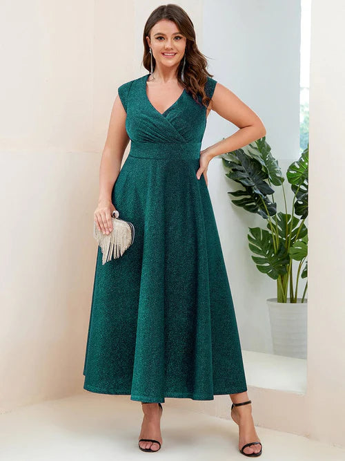 Plus size slim fit pleated A-line hat sleeve V-neck evening dress