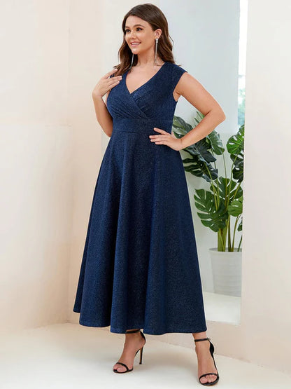 Plus size slim fit pleated A-line hat sleeve V-neck evening dress