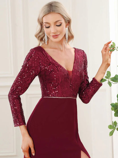 Sexy sequin long sleeved V-neck high slit evening dress