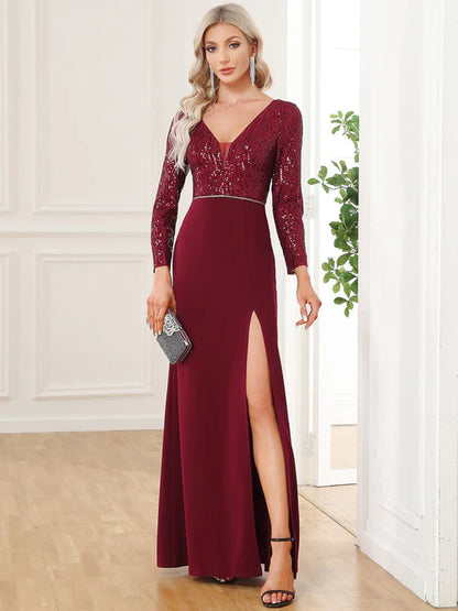 Sexy sequin long sleeved V-neck high slit evening dress
