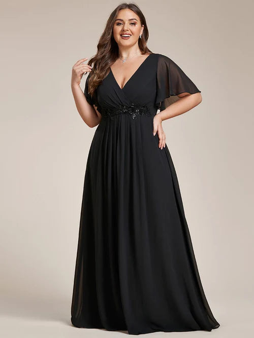 Plus size floral slim fit decal short sleeved A-line chiffon formal evening dress
