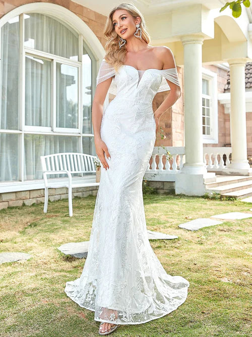 Sweet floral lace sexy off shoulder slim fitting trumpet shaped wedding dress