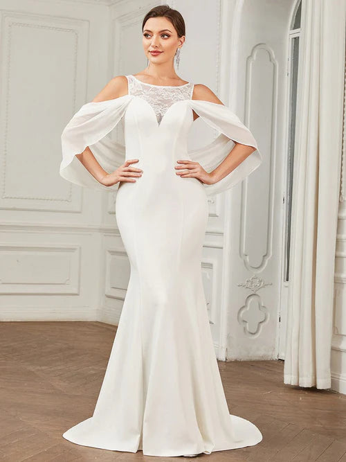 Chiffon Sexy Cold Shoulder Drop Sleeve Lace Fishtail Wedding Dress