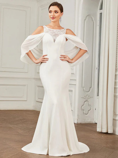 Chiffon Sexy Cold Shoulder Drop Sleeve Lace Fishtail Wedding Dress