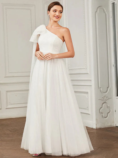 Sexy Asymmetric Lace up Sleeves Waist Wrapped Layered Tulle A-line Wedding Dress