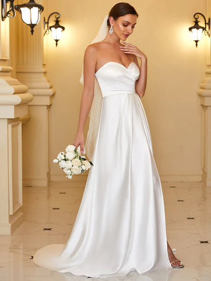 Noble and elegant satin pleated and sweet sleeveless front slit wedding dress