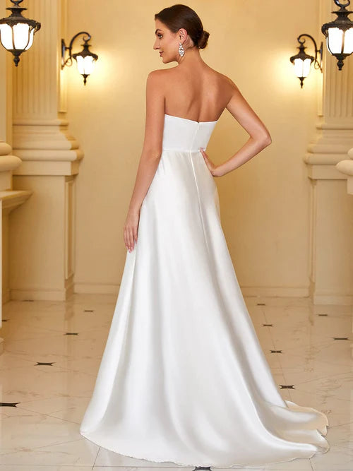 Noble and elegant satin pleated and sweet sleeveless front slit wedding dress