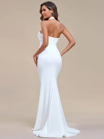 Halter Hollow Sleeveless Waist Detail Mermaid Wedding Dress