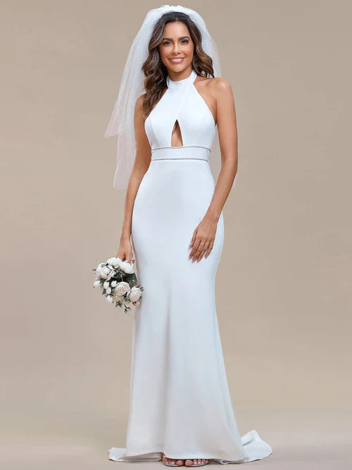Halter Hollow Sleeveless Waist Detail Mermaid Wedding Dress