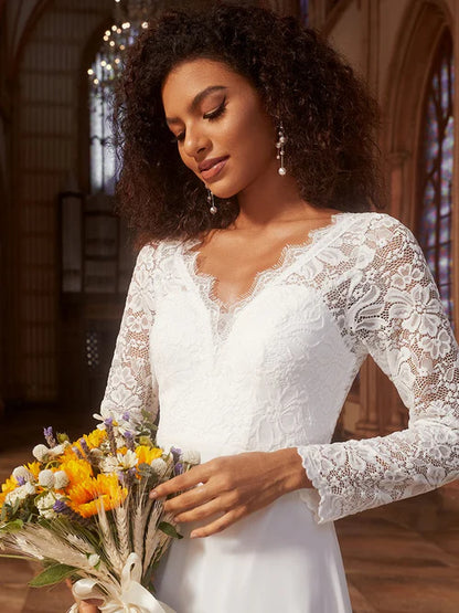 Elegant lace long sleeved eyelash edge tight fitting mermaid chiffon wedding dress