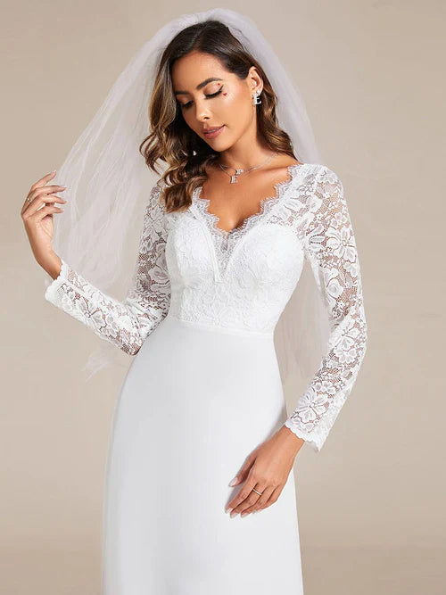 Elegant lace long sleeved eyelash edge tight fitting mermaid chiffon wedding dress