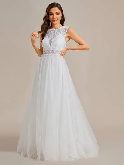 Sleeves sexy perspective round neck lace embroidery formal wedding dress