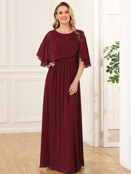 Slim fit round neck A-line chiffon cape, bride mother dress
