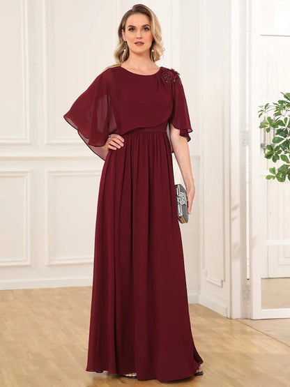 Slim fit round neck A-line chiffon cape, bride mother dress