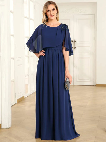 Slim fit round neck A-line chiffon cape, bride mother dress