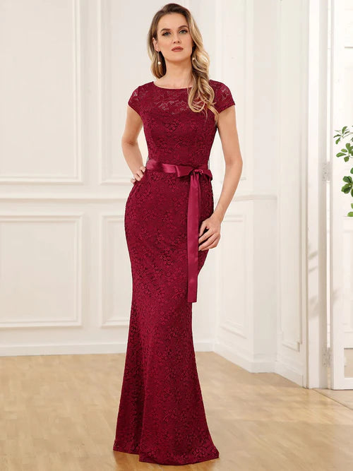 Elegant and beautiful short sleeved ribbon waist tied bride's mother dress