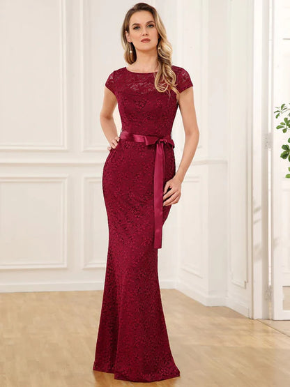 Elegant and beautiful short sleeved ribbon waist tied bride's mother dress