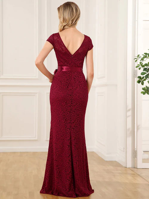 Elegant and beautiful short sleeved ribbon waist tied bride's mother dress