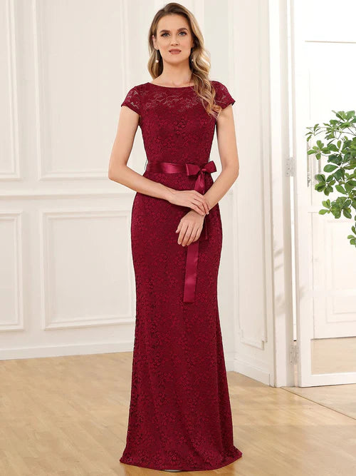 Elegant and beautiful short sleeved ribbon waist tied bride's mother dress