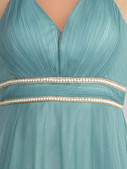 Elegant plus size V-neck high and low hem pleated sheer ball dress