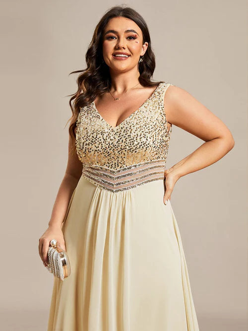 Sexy slim fitting elegant high and low Maxi chiffon sequin evening gown