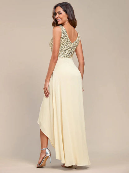 Sexy slim fitting elegant high and low Maxi chiffon sequin evening gown
