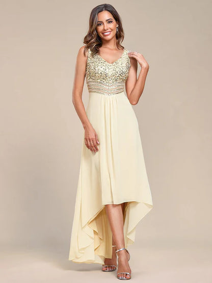 Sexy slim fitting elegant high and low Maxi chiffon sequin evening gown