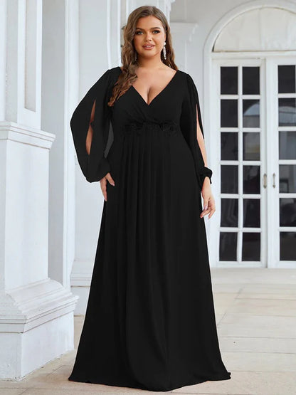 Fashion Plus Size Chiffon Formal Evening Dress Long Sleeves Lantern Sleeves