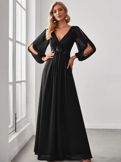 Elegant and Beautiful Chiffon V-neck Long sleeved Formal Cocktail Ball Evening Dress