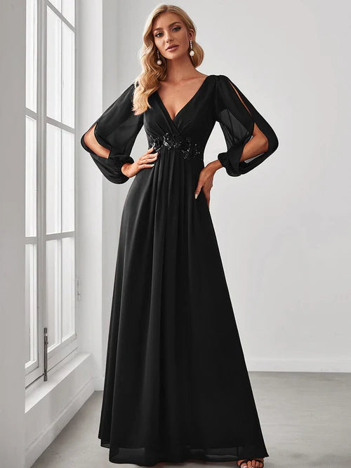Elegant and Beautiful Chiffon V-neck Long sleeved Formal Cocktail Ball Evening Dress