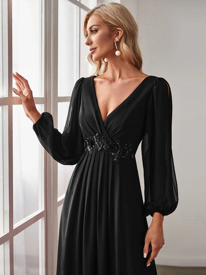 Elegant and Beautiful Chiffon V-neck Long sleeved Formal Cocktail Ball Evening Dress