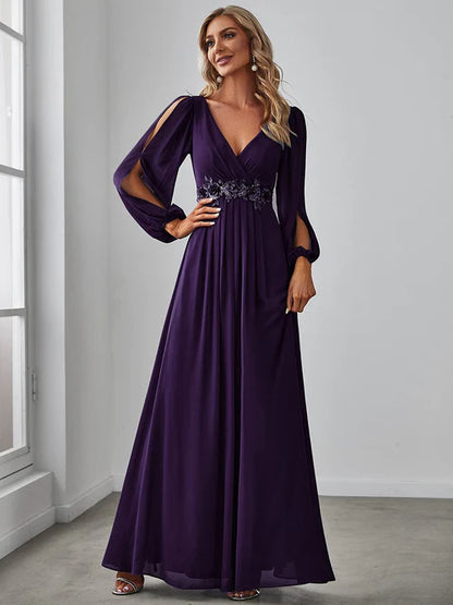 Elegant and Beautiful Chiffon V-neck Long sleeved Formal Cocktail Ball Evening Dress