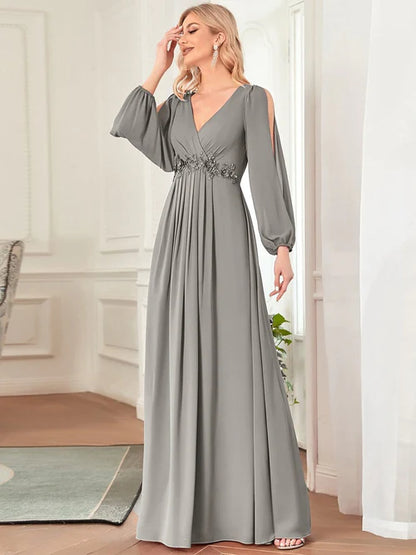 Elegant and Beautiful Chiffon V-neck Long sleeved Formal Cocktail Ball Evening Dress