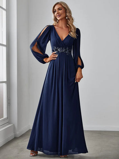 Elegant and Beautiful Chiffon V-neck Long sleeved Formal Cocktail Ball Evening Dress