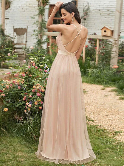 Sexy V-neck elegant backless pleated Maxi sheer evening gown