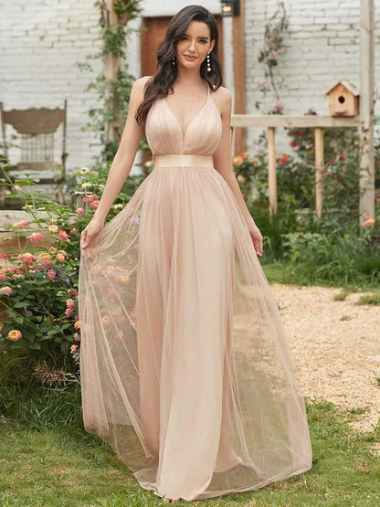 Sexy V-neck elegant backless pleated Maxi sheer evening gown
