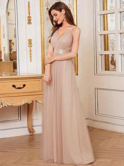 Sexy V-neck elegant backless pleated Maxi sheer evening gown
