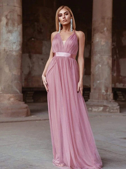 Sexy V-neck elegant backless pleated Maxi sheer evening gown