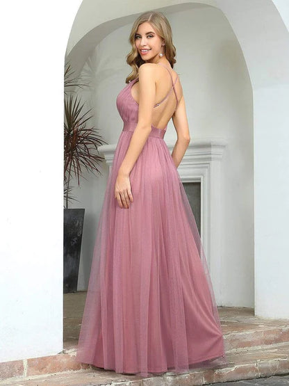 Sexy V-neck elegant backless pleated Maxi sheer evening gown