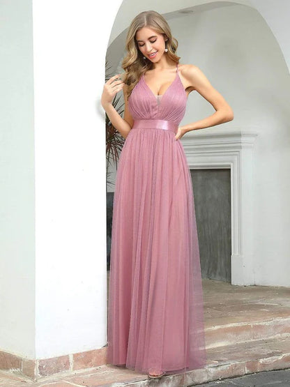 Sexy V-neck elegant backless pleated Maxi sheer evening gown