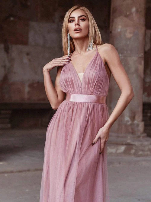 Sexy V-neck elegant backless pleated Maxi sheer evening gown