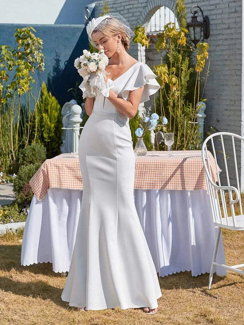 Elegant slim fit Maxi fishtail corset pleated sleeves slim fit wedding dress