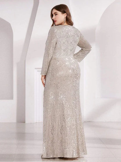 Plus size slim fit sexy deep V-neck sequin tight fitting formal evening dress